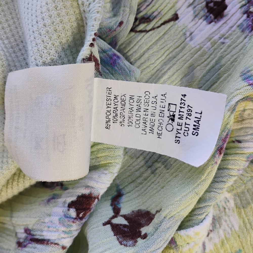 Three Bird Nest Mixed Media Top Womens S Green Waffle Knit Floral Oversized Boho - Picture 7 of 9